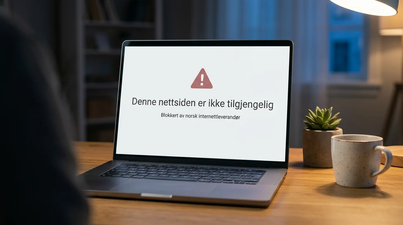 Datamaskin med varsel om DNS-blokkering av utenlandsk bookmaker fra norsk internettleverandør