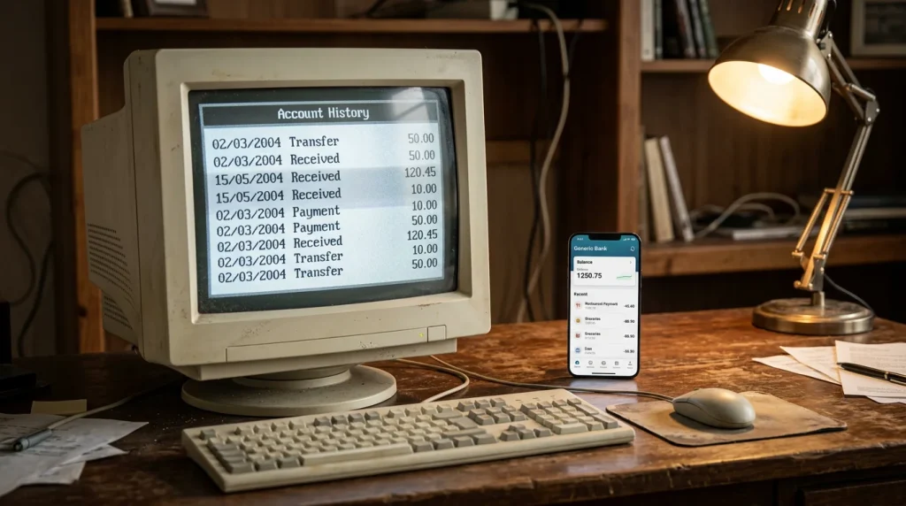 En gammel CRT-dataskjerm på et trekontor ved siden av en moderne smarttelefon, en kontrast mellom to teknologigenerasjoner