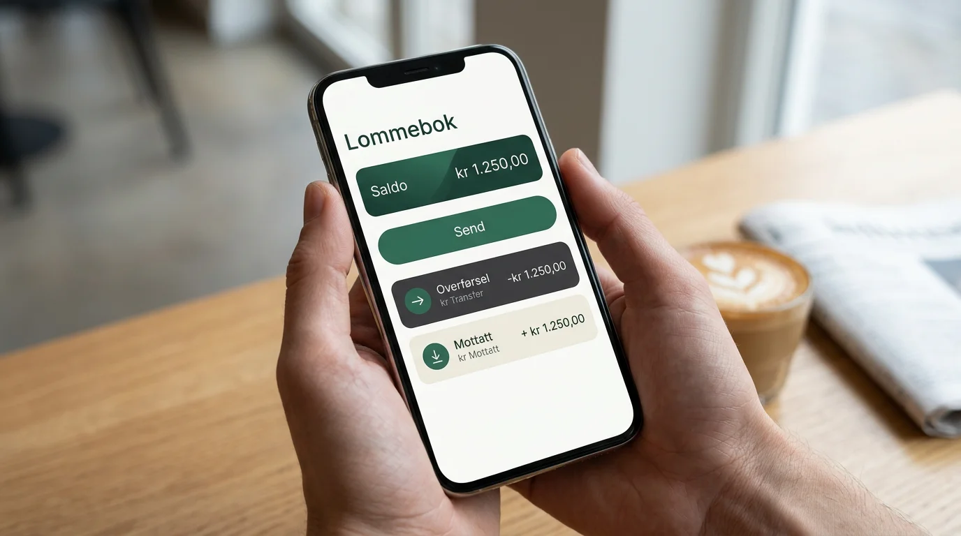 Smarttelefon med norsk mobil lommebok-applikasjon som viser betalingsoversikt på norsk