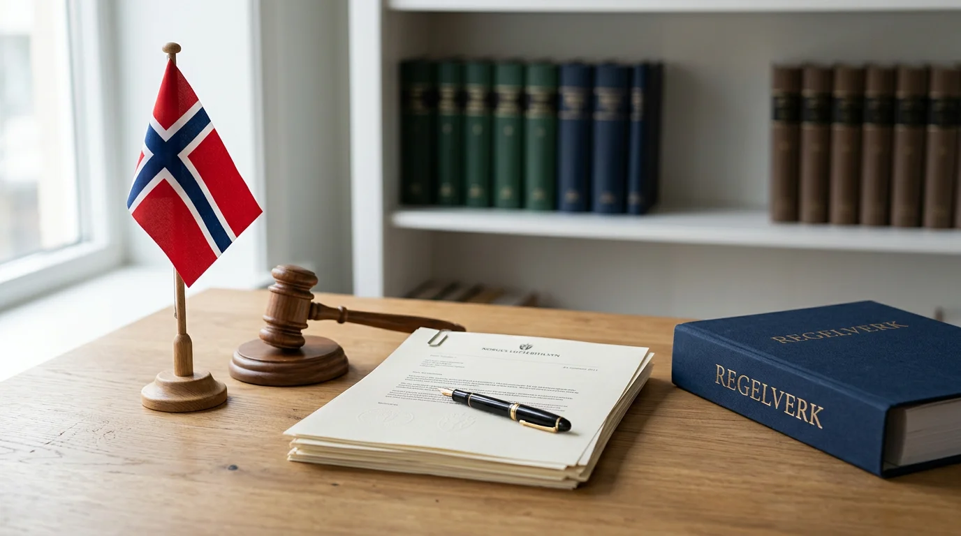 Norsk regelverk for pengespill og e-lommebok-betalinger illustrert med dokumenter og myndighetsemblem