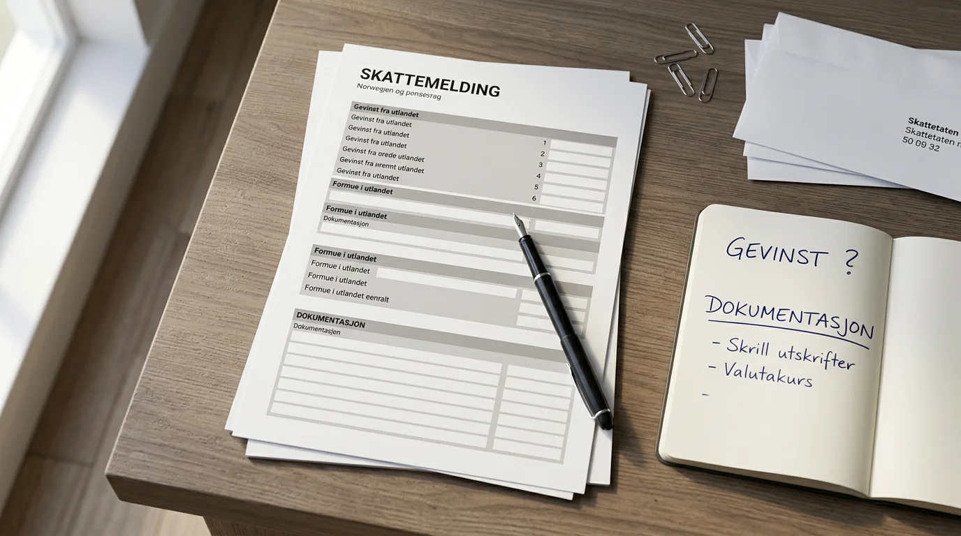 Skattemelding-dokument med oversikt over utenlandsk pengespillgevinst og notatblokk for dokumentasjon