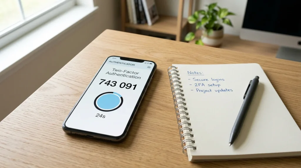 En smarttelefon med en autentiseringsapp som viser en sekssifret engangskode, plassert på et arbeidsbord