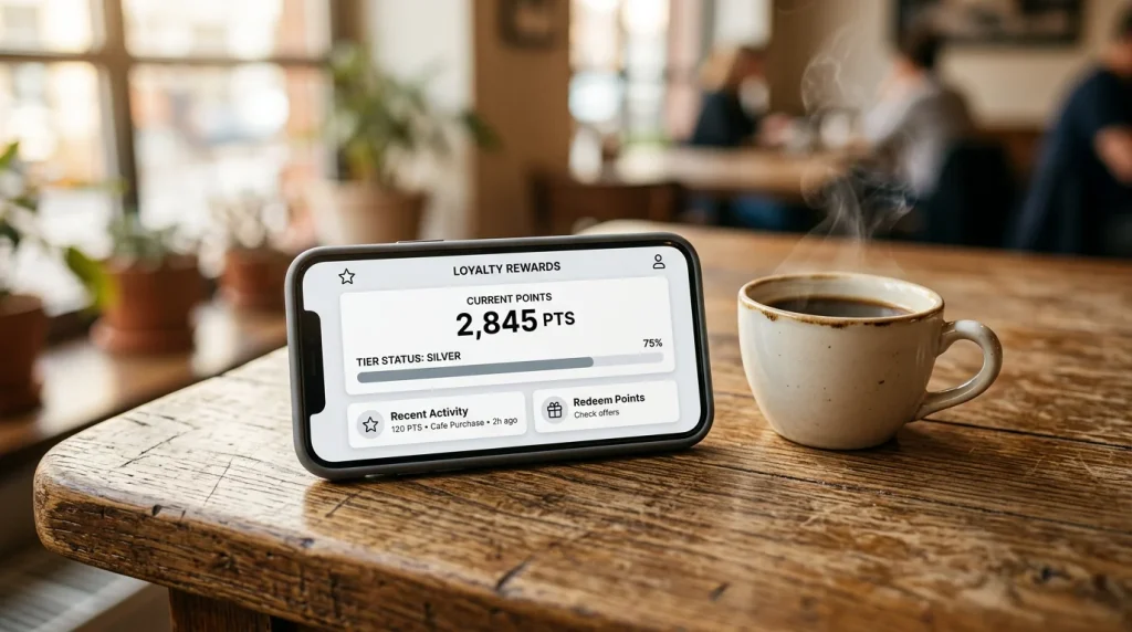 Smarttelefon plassert på et trebord ved siden av en kaffekopp, med et generisk lojalitetsprogram-grensesnitt åpnet på skjermen