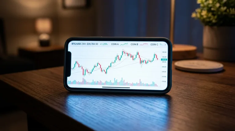 En smarttelefon på et arbeidsbord som viser et kursdiagram for kryptovaluta i sanntid