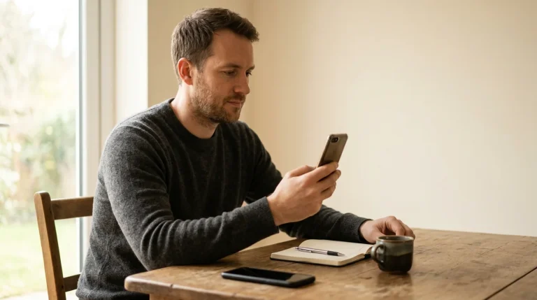 Person ved skrivebord som ser på to mobiltelefoner med ulike e-lommebok-apper, kaffekopp og notatblokk på bordet