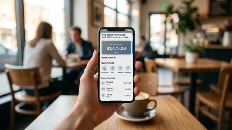 En hånd som holder en smarttelefon med en digital lommebok-app åpen og et varselbanner øverst på skjermen
