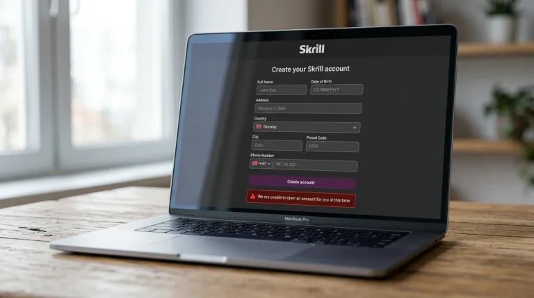 Skrill-registreringsskjema med en feilmelding ved fullføring av norsk adresse