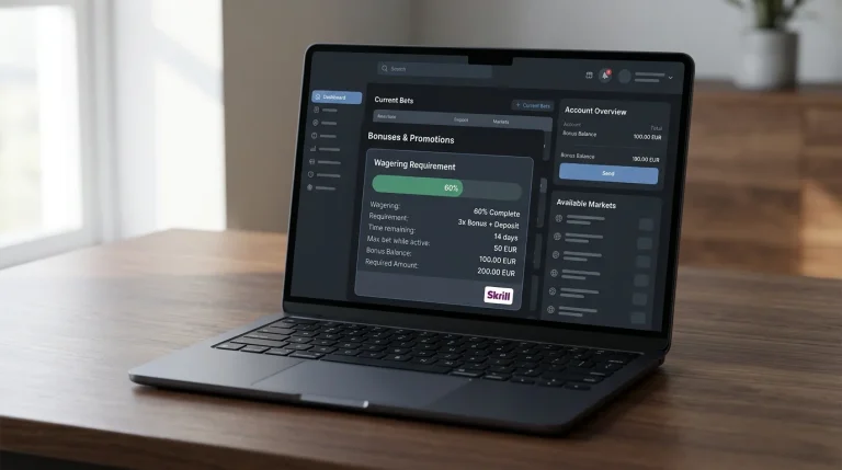 Bookmaker-bonusbalanse med wagering-progressbar og Skrill-symbol som finansieringskilde