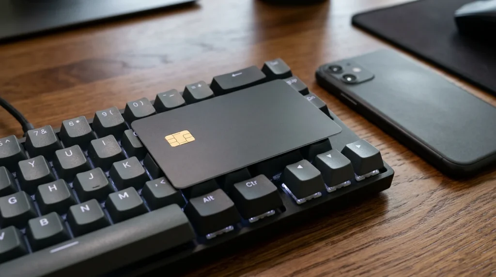 Et generisk forhåndsbetalt plastkort som ligger på et tastatur ved siden av en smarttelefon på et trebord