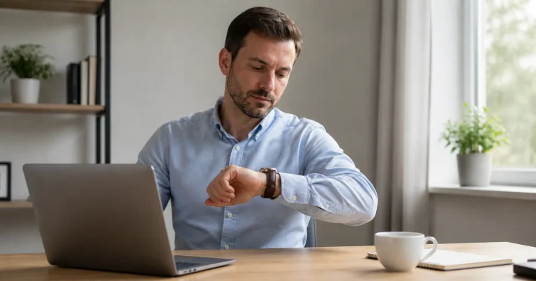 Mann ved hjemmekontor ser på armbåndsuret sitt mens han venter foran en bærbar PC og en kaffekopp