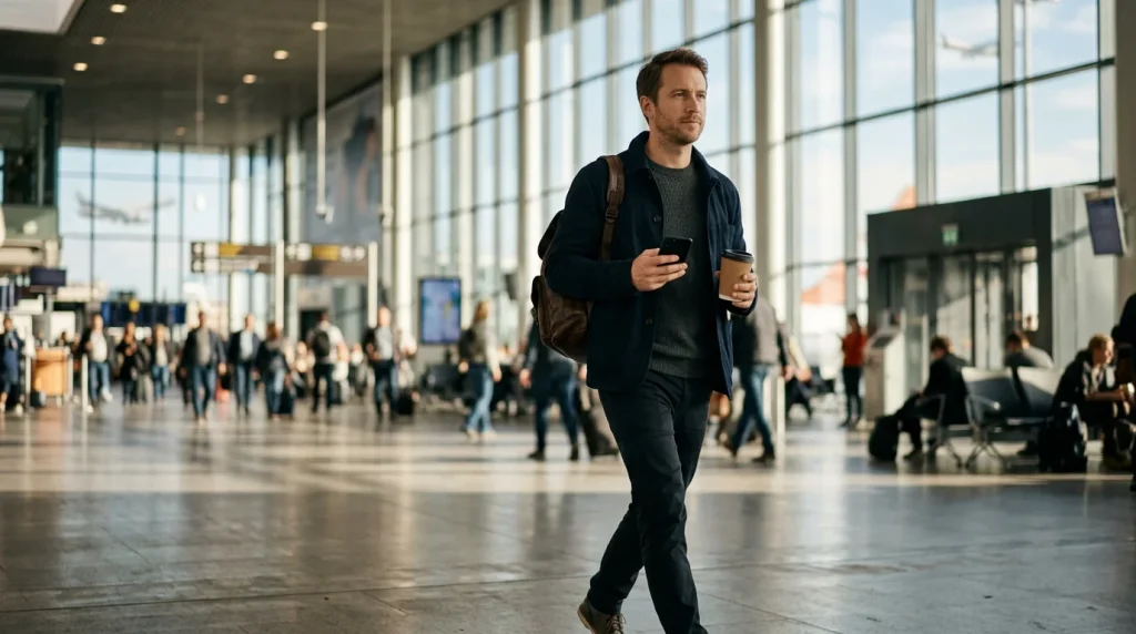 Person på reise gjennom en europeisk flyplass, holder smarttelefon og en kaffekopp
