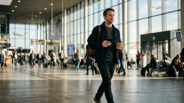 Person på reise gjennom en europeisk flyplass, holder smarttelefon og en kaffekopp