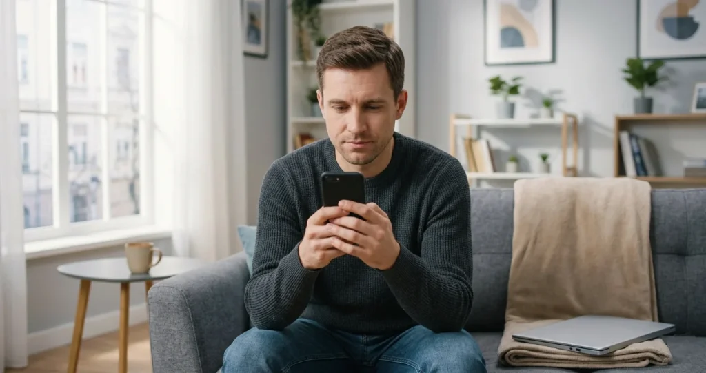 Mann i hjemmemiljø sitter med smarttelefonen og rynker pannen mens han leser noe på skjermen