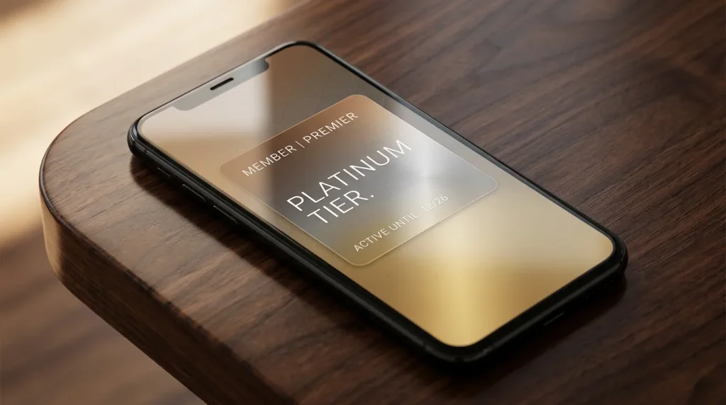 En smarttelefon som viser et generisk premium-medlemskort med metallisk gradient på en mørk trebordoverflate