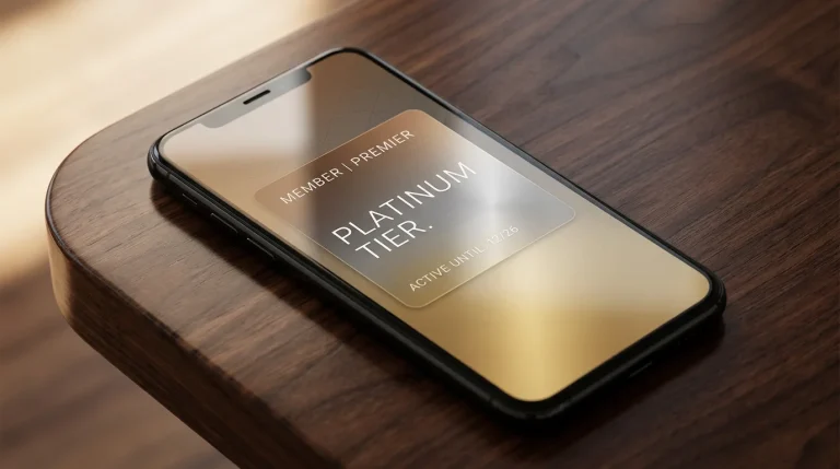 En smarttelefon som viser et generisk premium-medlemskort med metallisk gradient på en mørk trebordoverflate