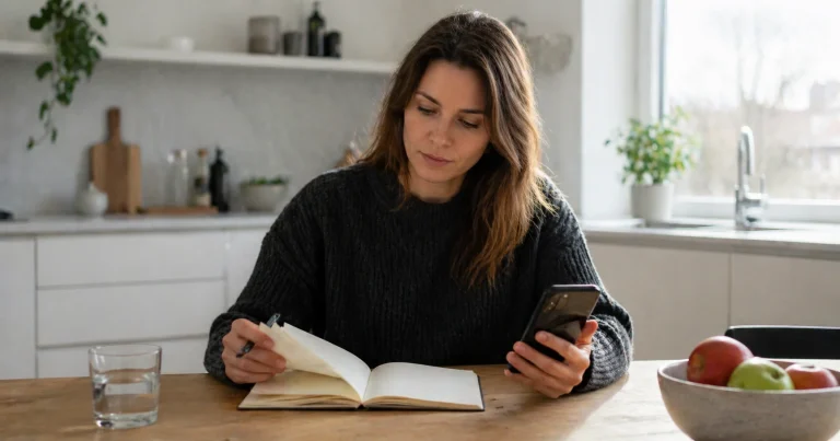 Kvinne ved spisebord blar i en notatbok og holder en mobiltelefon mens hun sammenligner alternativer