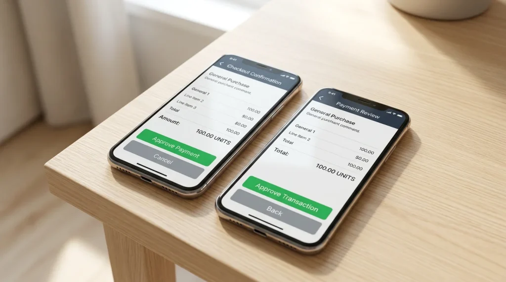 To smarttelefoner side om side på et bord, begge åpnet i en betalingsbekreftelsesskjerm