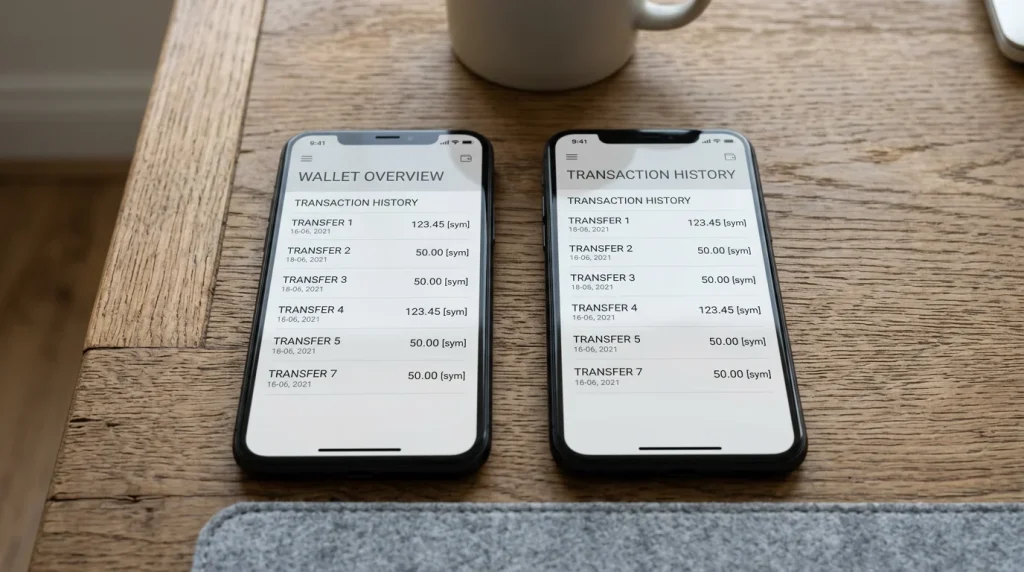 To smarttelefoner som ligger side om side på et trebord, begge med lignende digital lommebok-grensesnitt åpnet