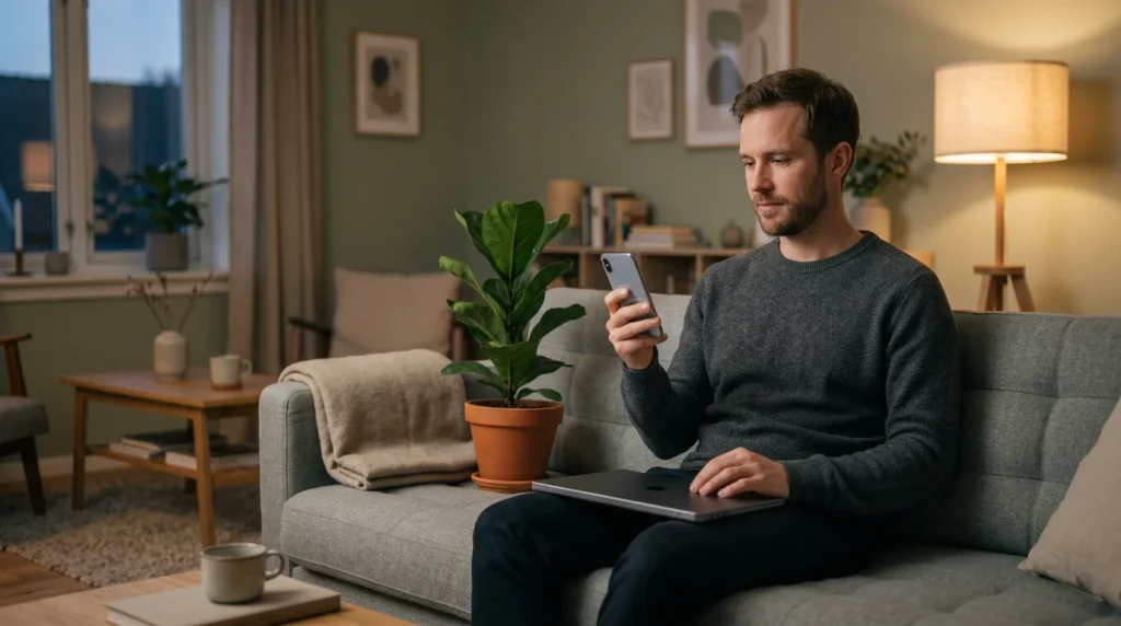 Mann i tretti-årene sitter i en lyssatt stue med bærbar PC i fanget og en mobiltelefon i hånden mens han vurderer betalingsalternativer