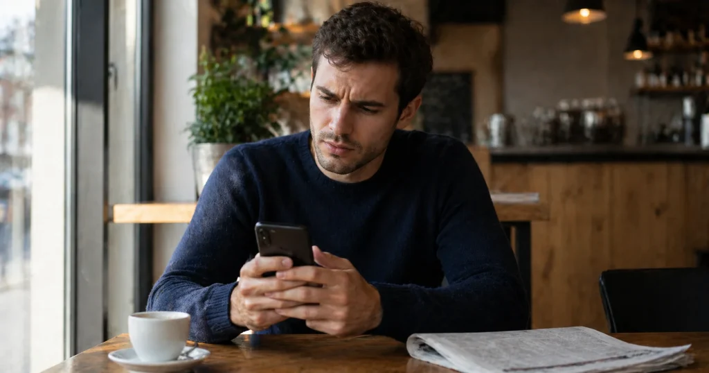 Ung mann holder smarttelefon i hånden ved kafébord, ser bekymret på skjermen mens han prøver å gjennomføre en betaling