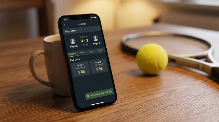Live tennis-odds på en bookmaker-skjerm med Skrill-saldo og rask uttaksbekreftelse