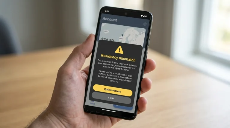 Skrill-grensesnitt med varsel om residency-mismatch ved pålogging fra norsk IP-adresse